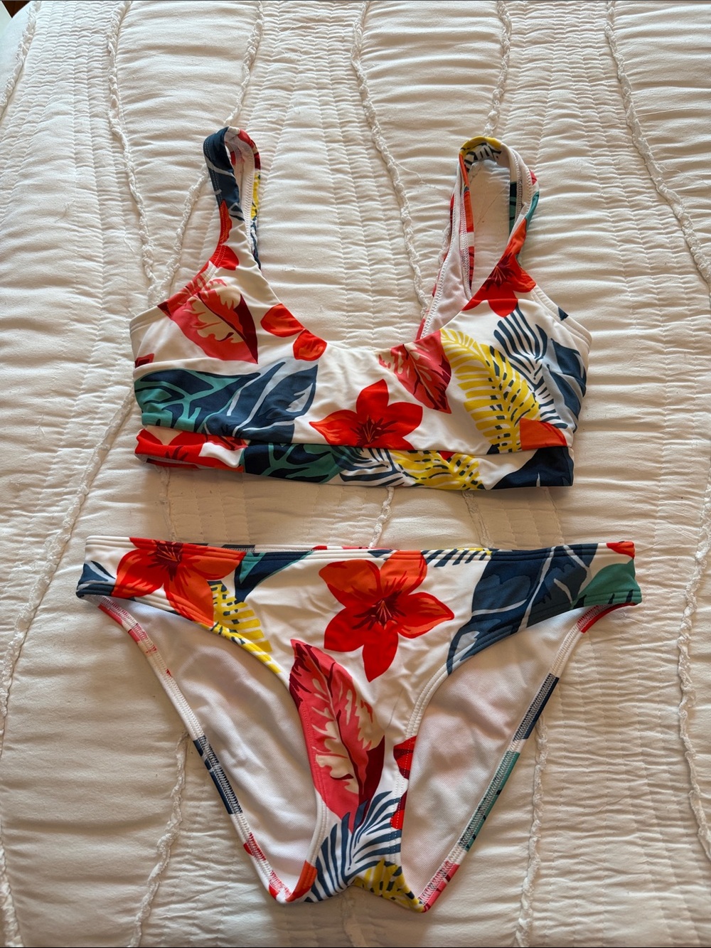 Hollister White Bikini with Red Floral & Navy Leaf Print